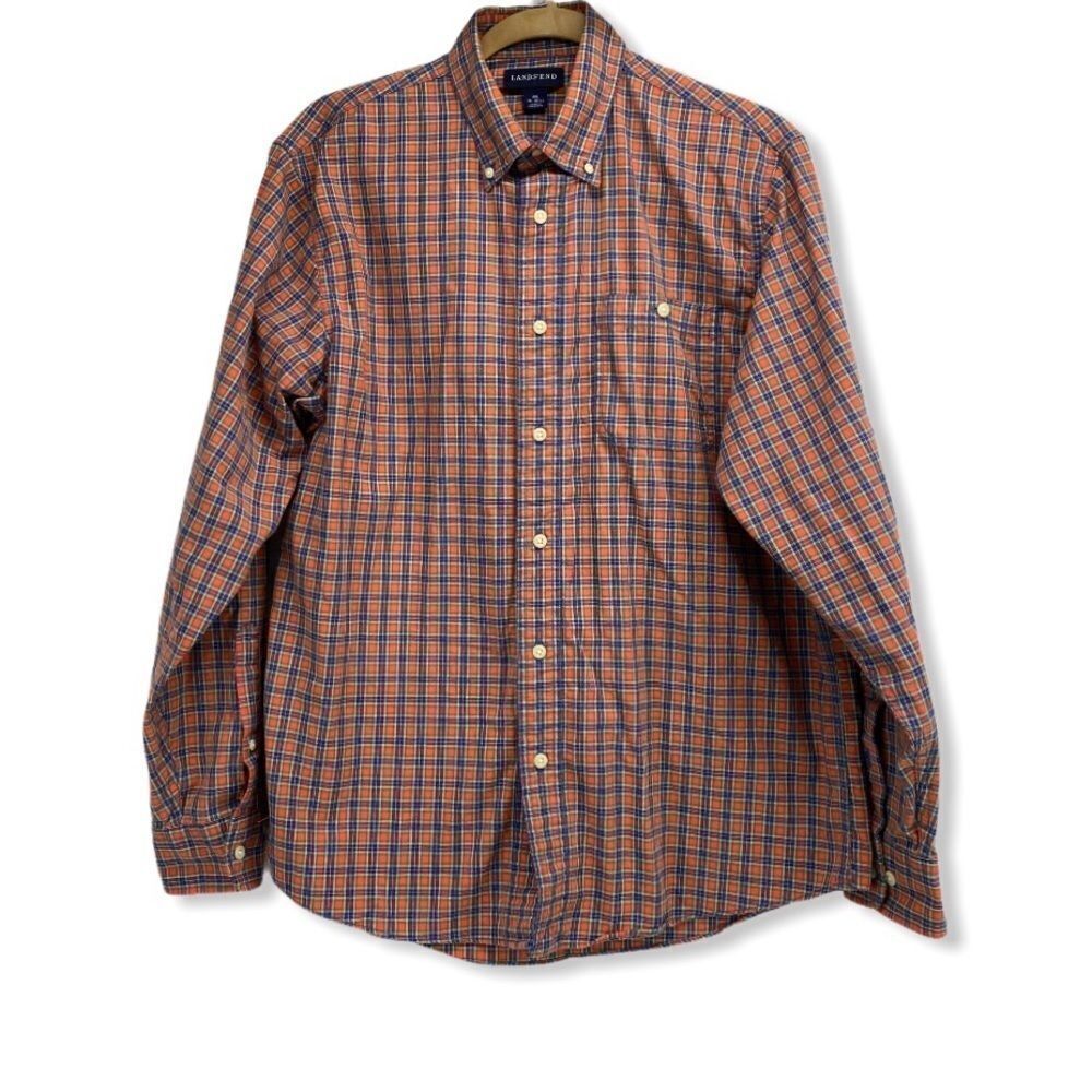 Lands’ End Mens Orange & Blue Plaid Button Down Shirt size Medium